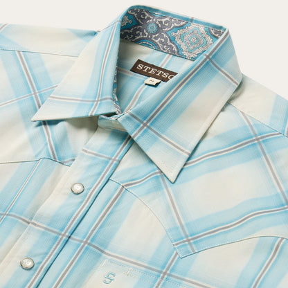 Ombre Plaid Short Sleeve Western Shirt Blue
