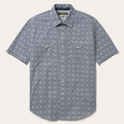 Navy Print Short Sleeve Western Shirt Blue