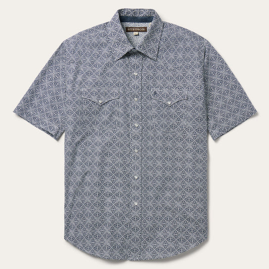 Navy Print Short Sleeve Western Shirt Blue