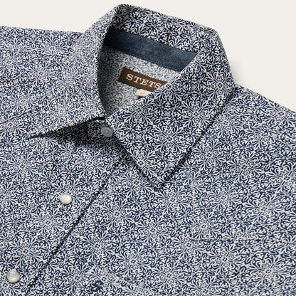 Navy Print Short Sleeve Western Shirt Blue