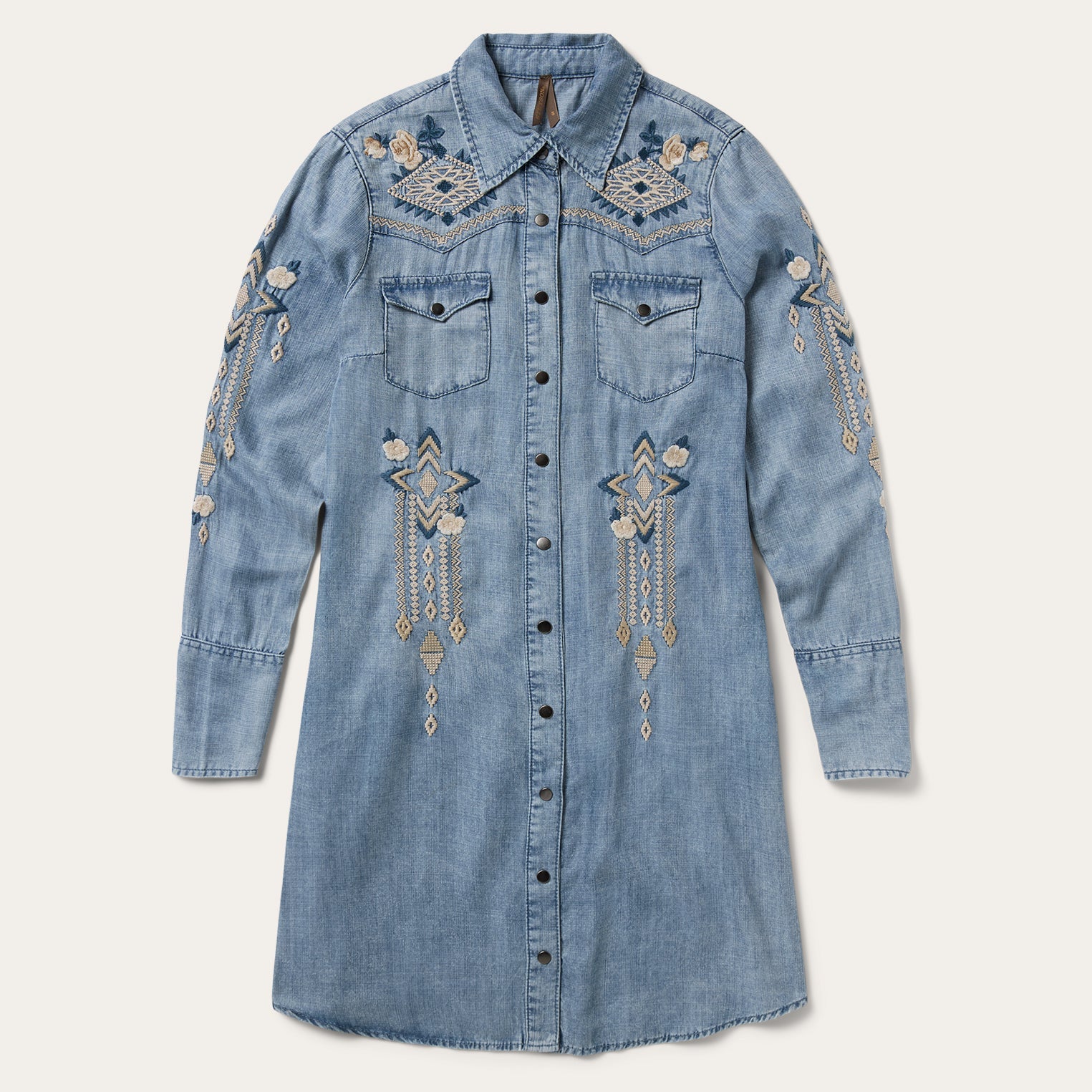 Embroidered Denim Twill Shirt Dress Blue