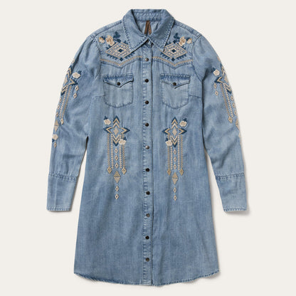 Embroidered Denim Twill Shirt Dress Blue