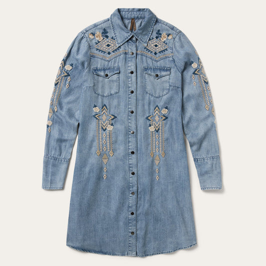 Embroidered Denim Twill Shirt Dress Blue