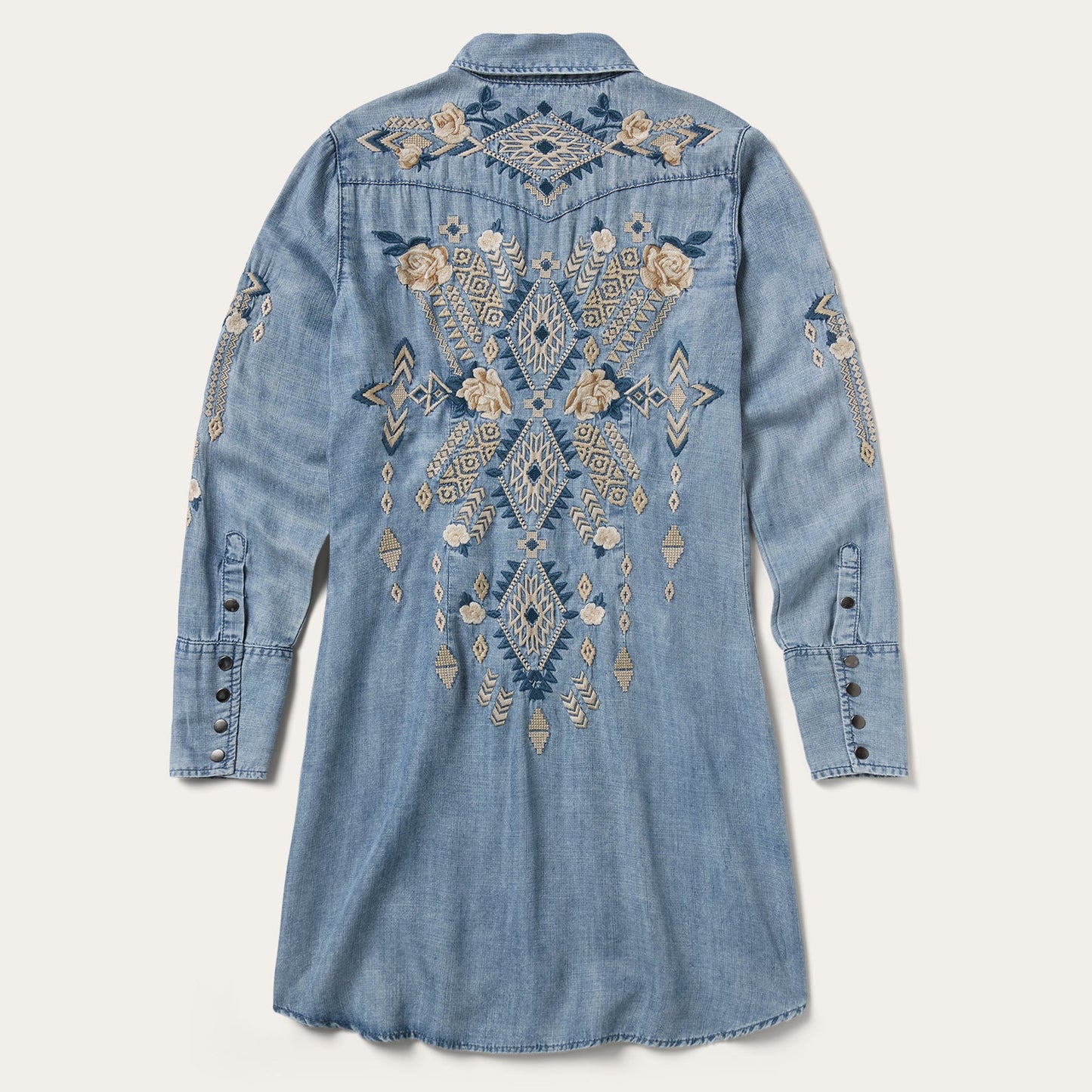 Embroidered Denim Twill Shirt Dress Blue