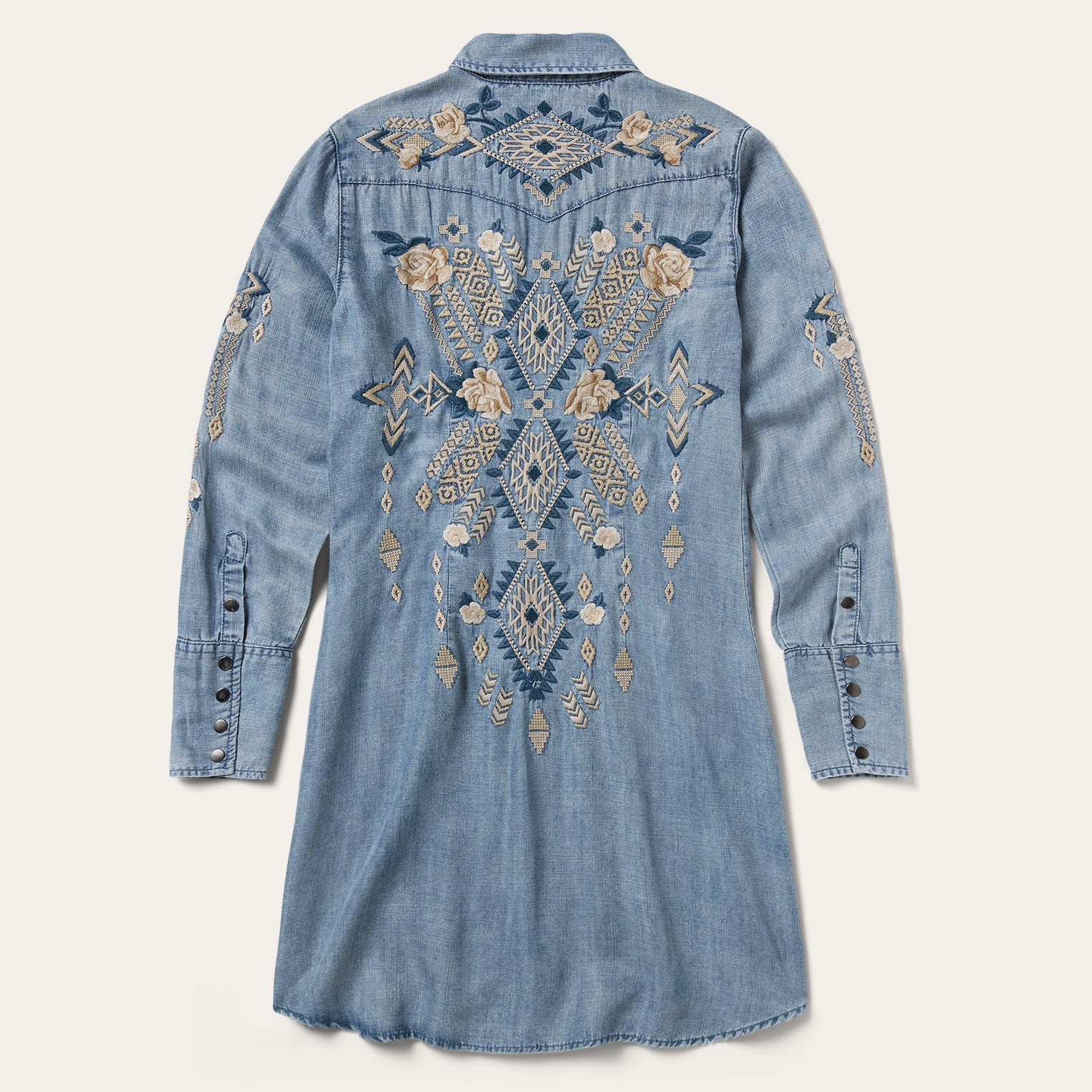 Embroidered Denim Twill Shirt Dress Blue