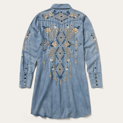 Embroidered Denim Twill Shirt Dress Blue