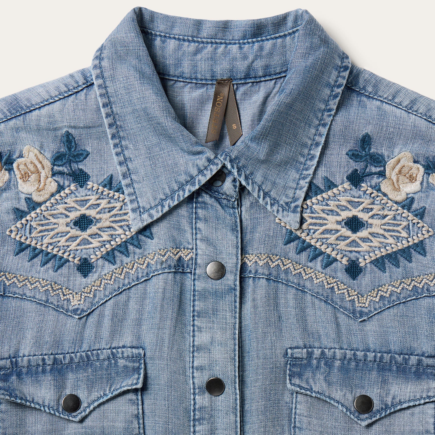 Embroidered Denim Twill Shirt Dress Blue