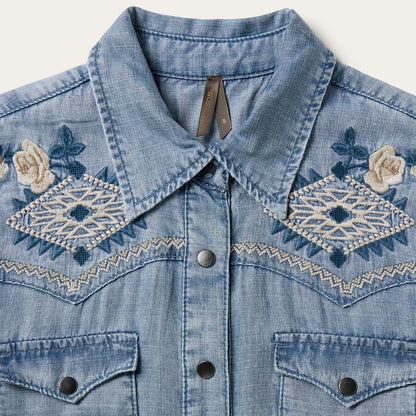 Embroidered Denim Twill Shirt Dress Blue