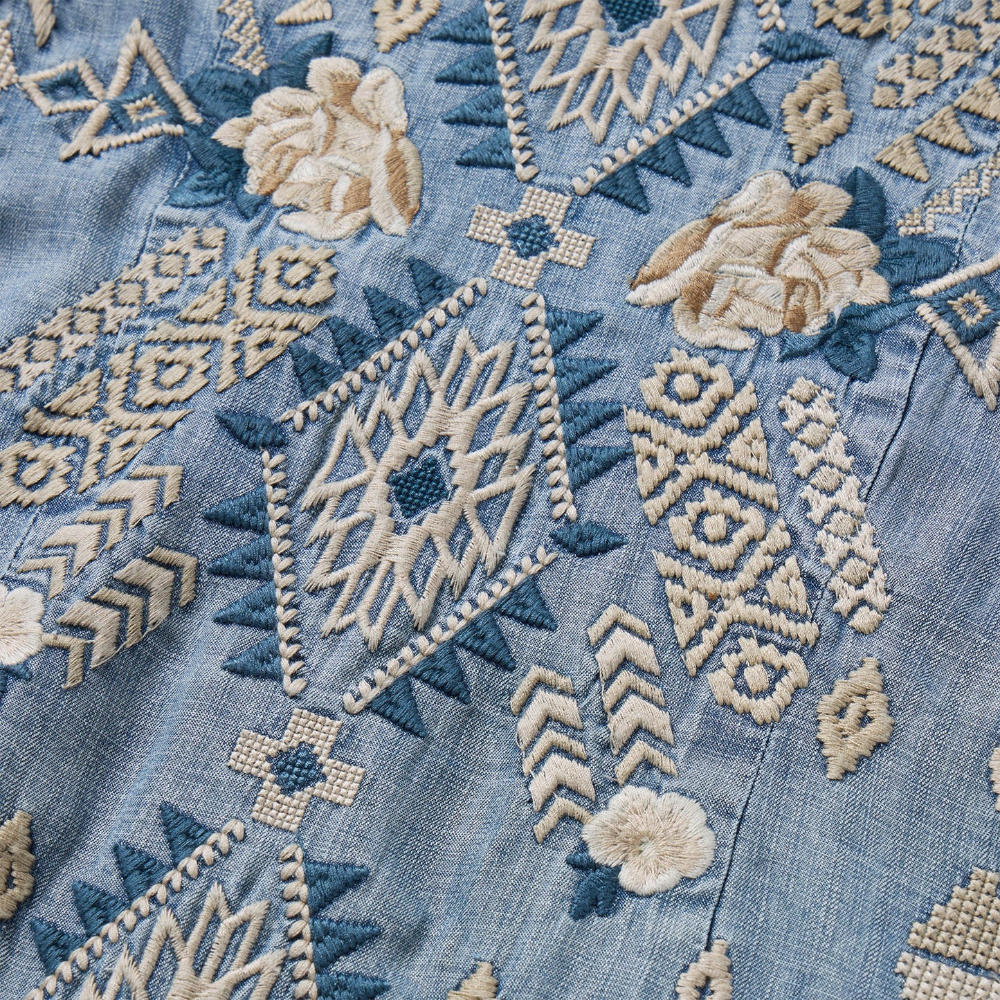 Embroidered Denim Twill Shirt Dress Blue