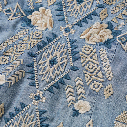 Embroidered Denim Twill Shirt Dress Blue