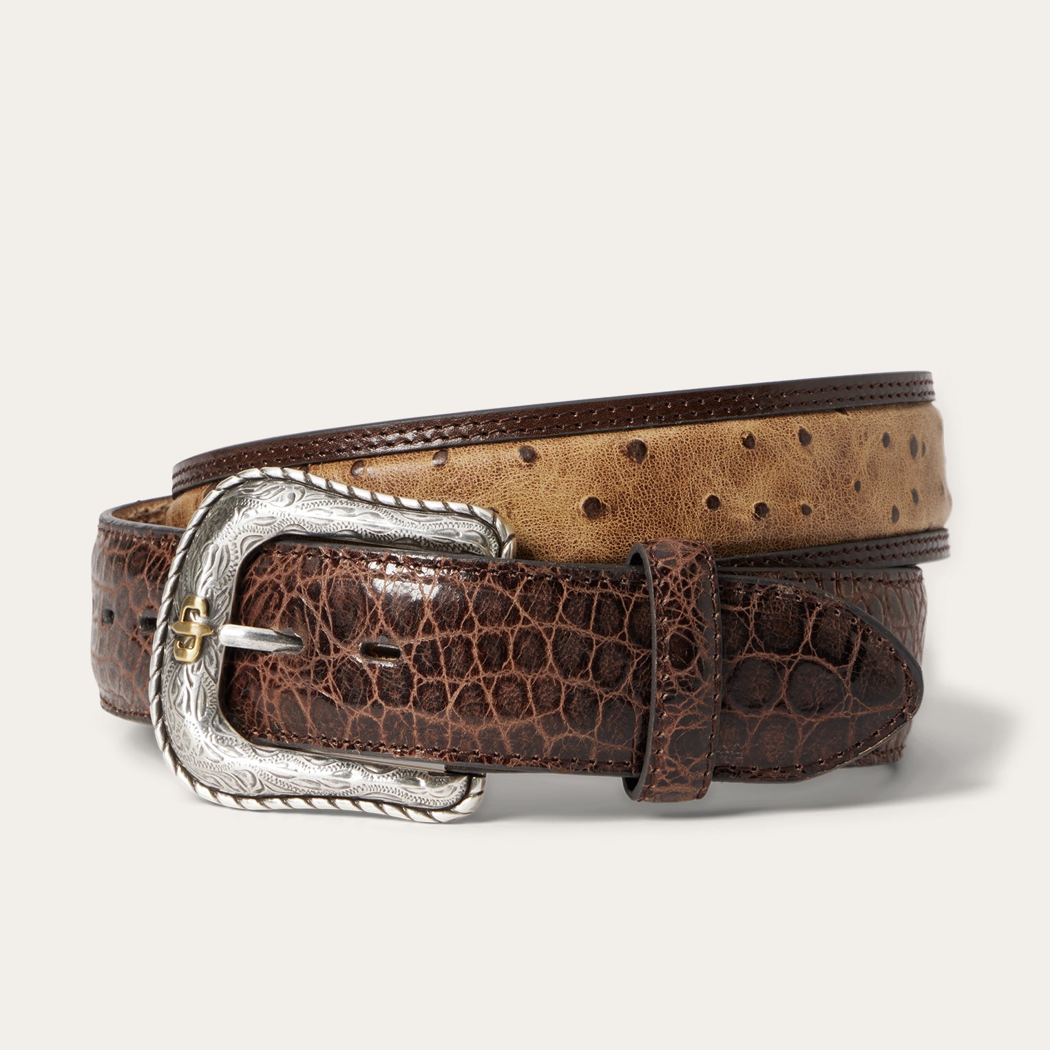 Ostrich Print Croco Embossed Western Tabs Belt Cognac/California Nut