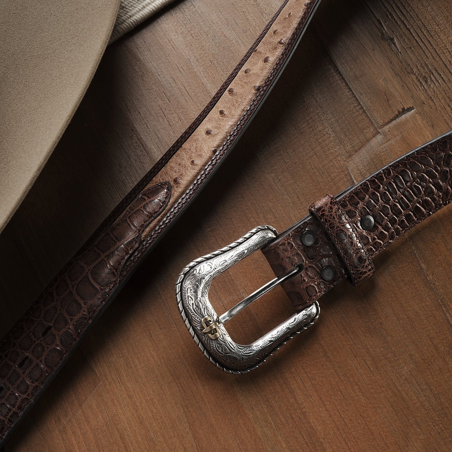 Ostrich Print Croco Embossed Western Tabs Belt Cognac/California Nut