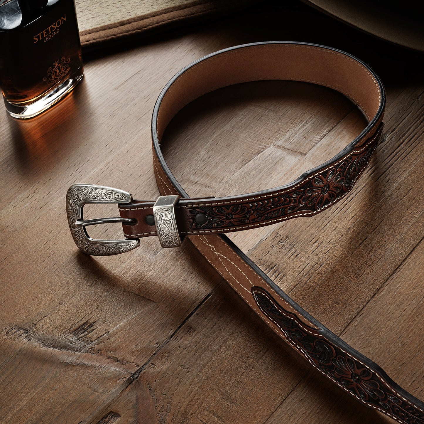 Tooled Tapered Belt Brown/Sand