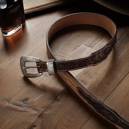 Tooled Tapered Belt Brown/Sand
