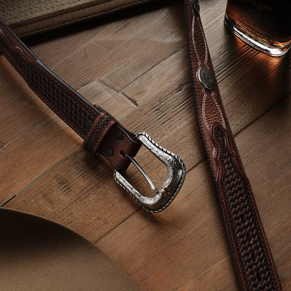 Pebble Leather Basket Weave Tabs Belt Natural/Brown