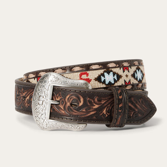 Embroidered Tooled Tab Belt Vintage Brown