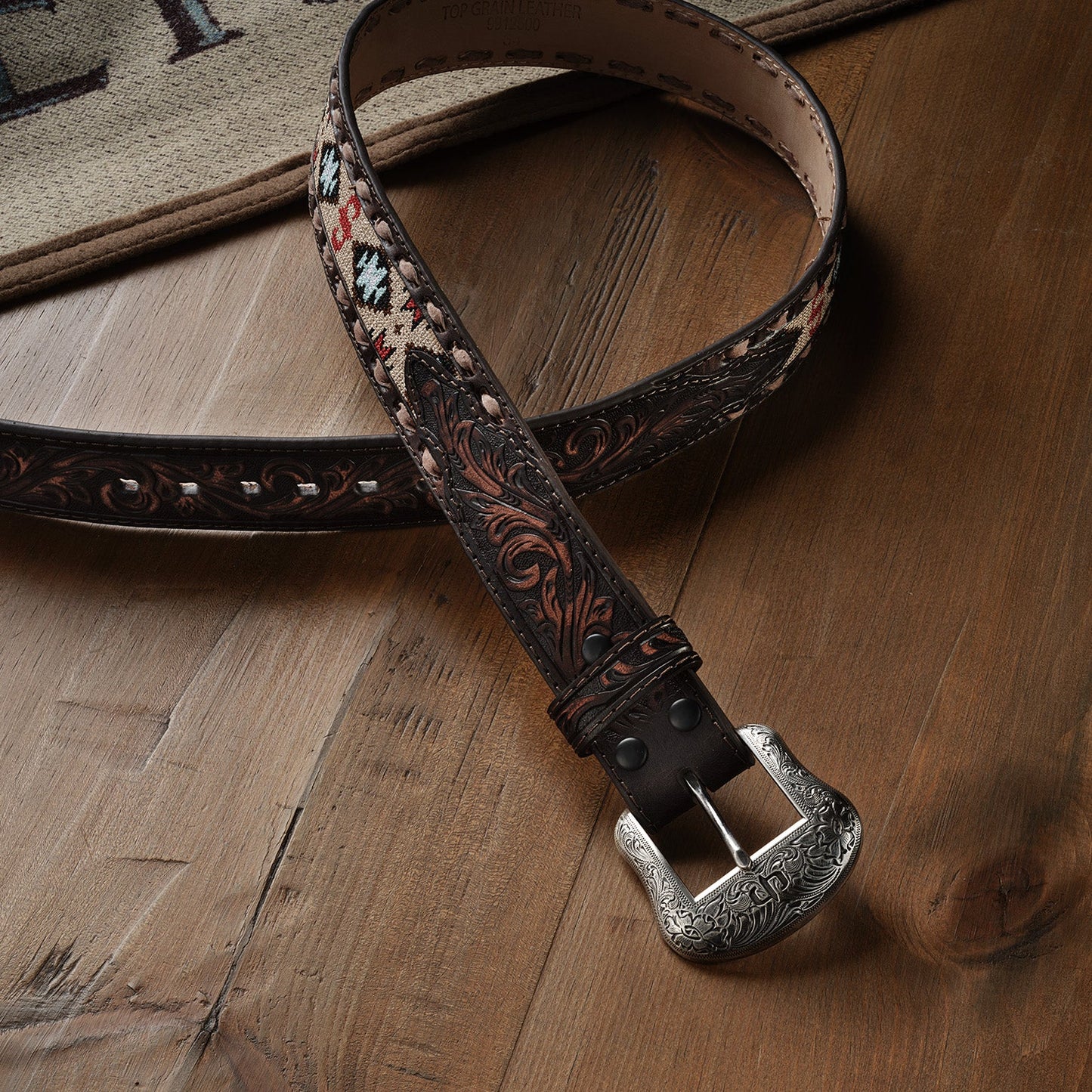 Embroidered Tooled Tab Belt Vintage Brown