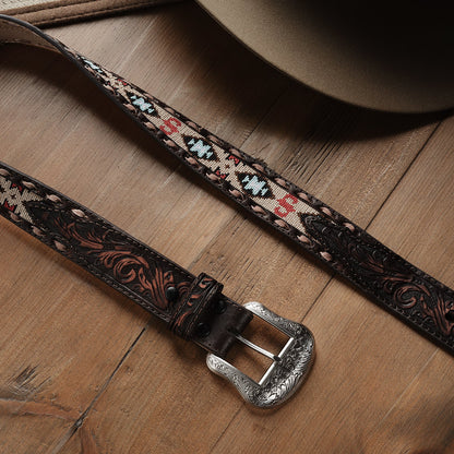 Embroidered Tooled Tab Belt Vintage Brown