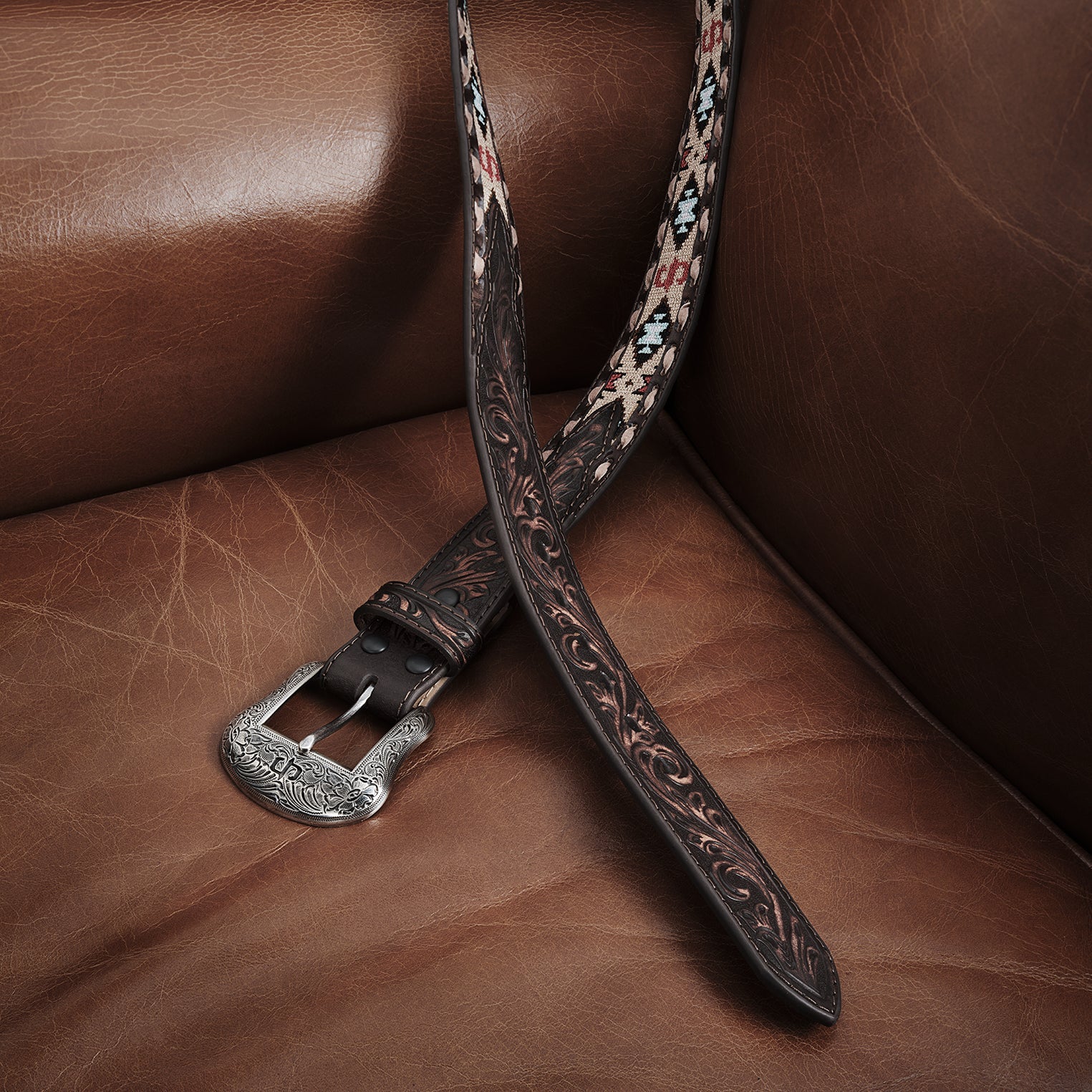 Embroidered Tooled Tab Belt Vintage Brown