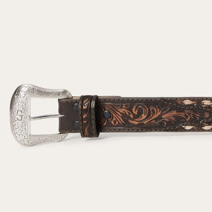 Embroidered Tooled Tab Belt Vintage Brown