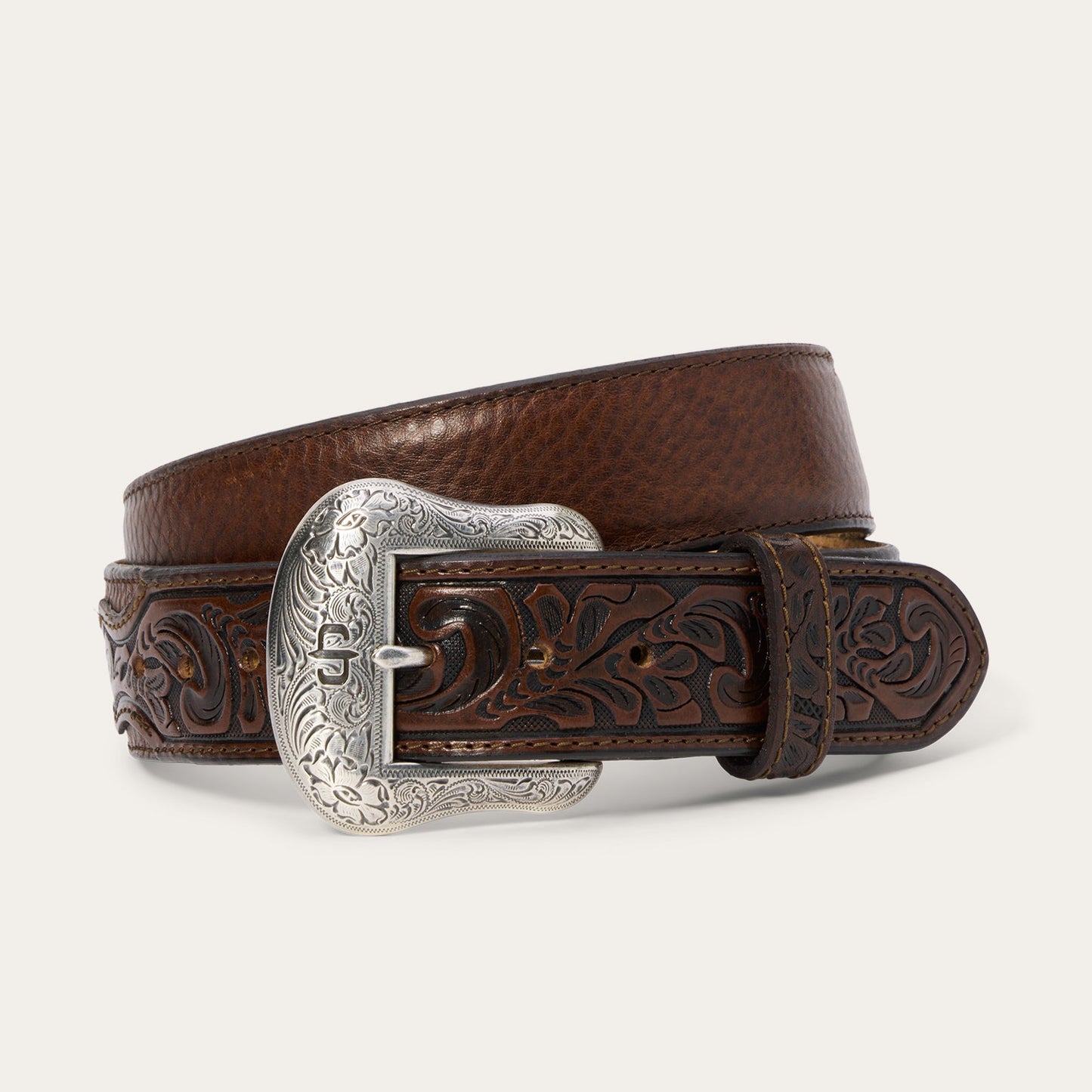 Bison Leather Tooled Tab Belt Hazelnut Bison