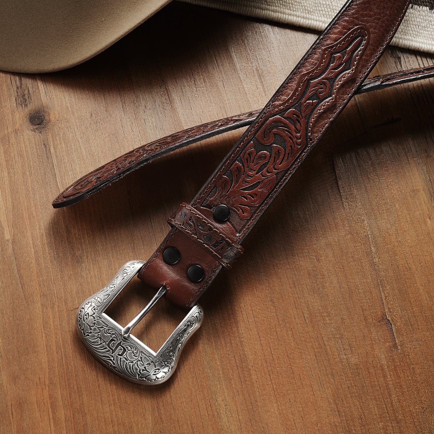 Bison Leather Tooled Tab Belt Hazelnut Bison