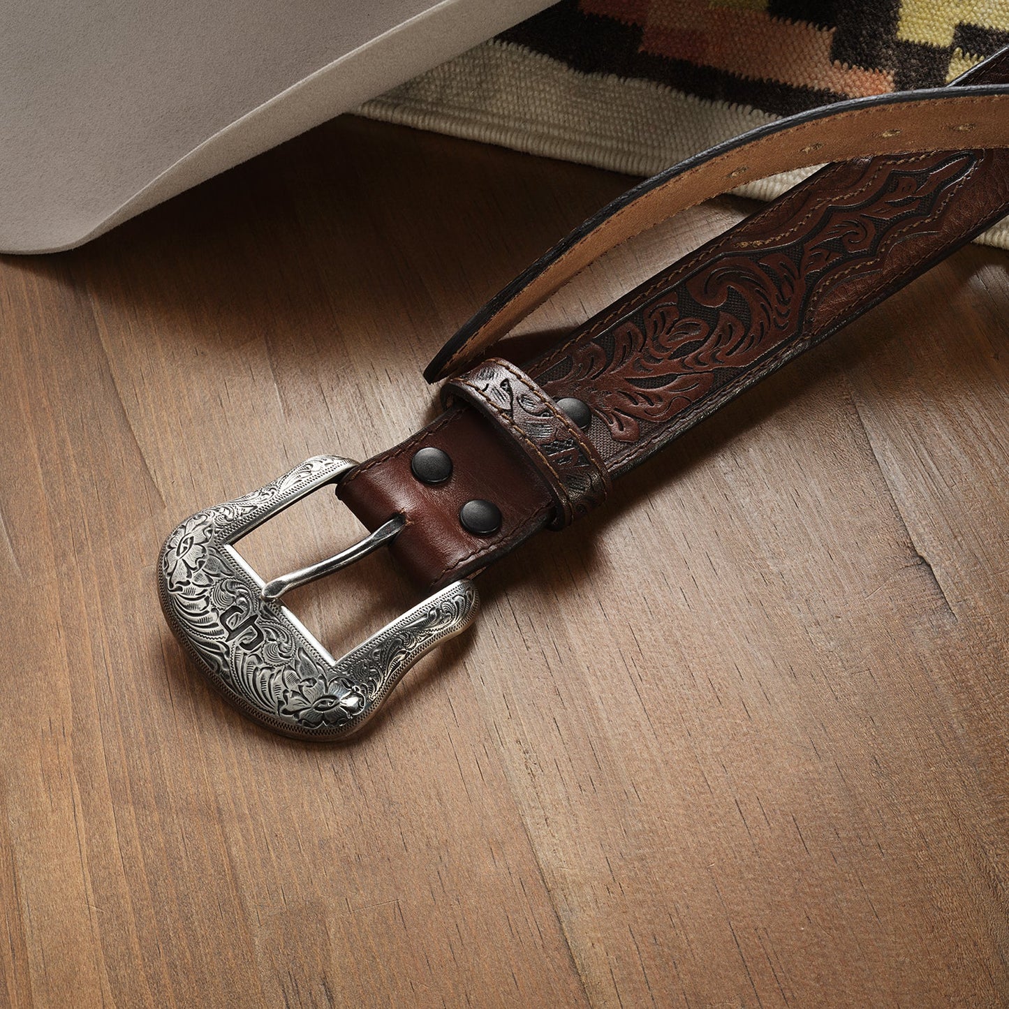 Bison Leather Tooled Tab Belt Hazelnut Bison