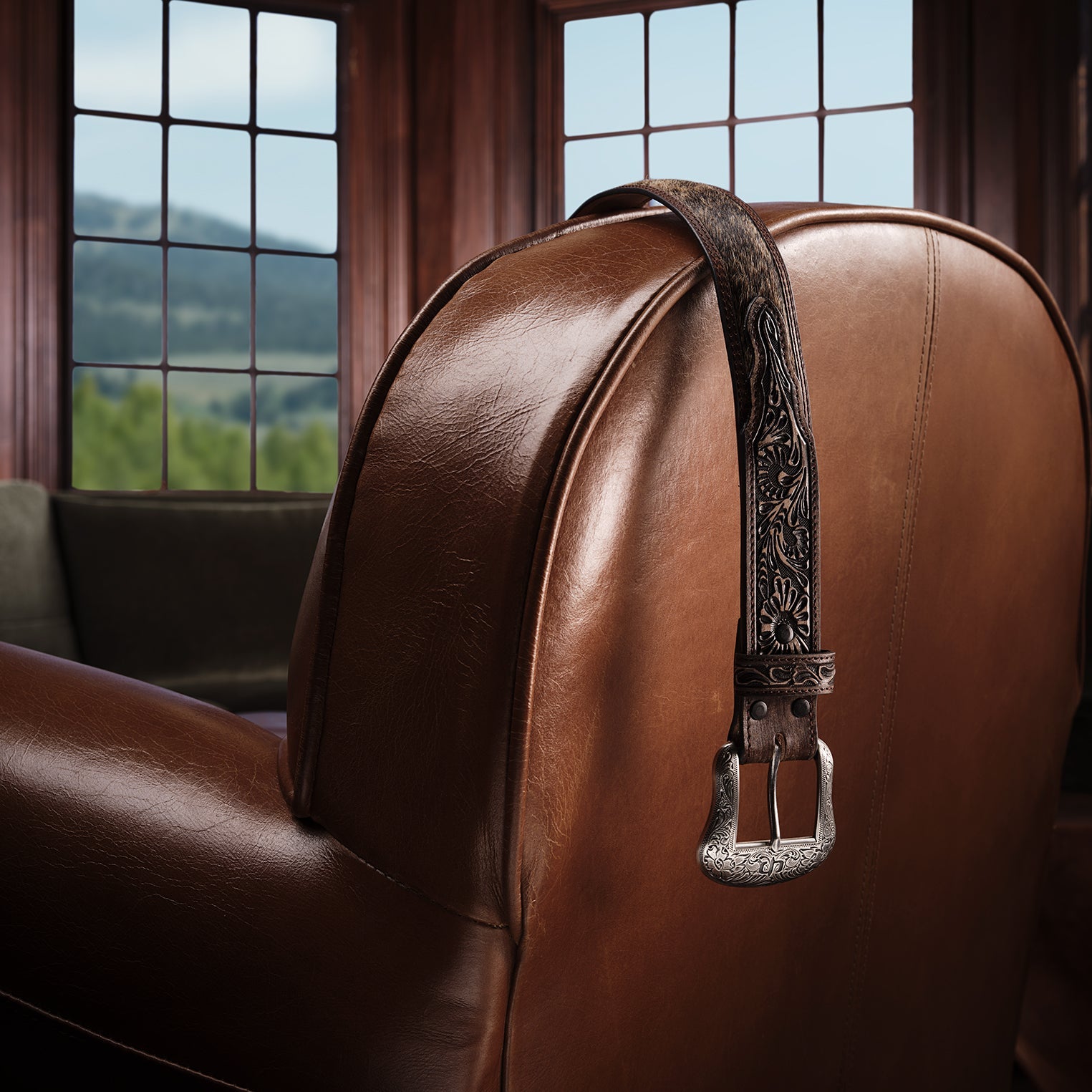 Hair-on-Hide Tooled Tab Belt Vintage/Brown