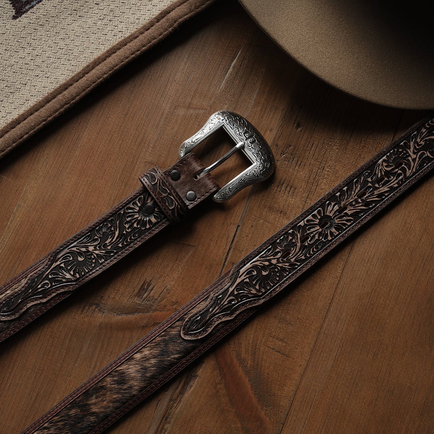 Hair-on-Hide Tooled Tab Belt Vintage/Brown