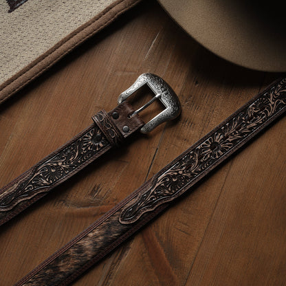 Hair-on-Hide Tooled Tab Belt Vintage/Brown