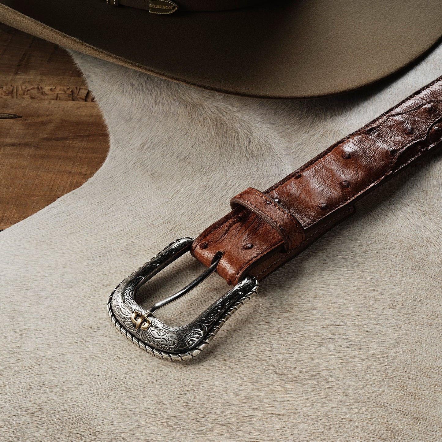 Ostrich Western Tab Belt Antique Cognac