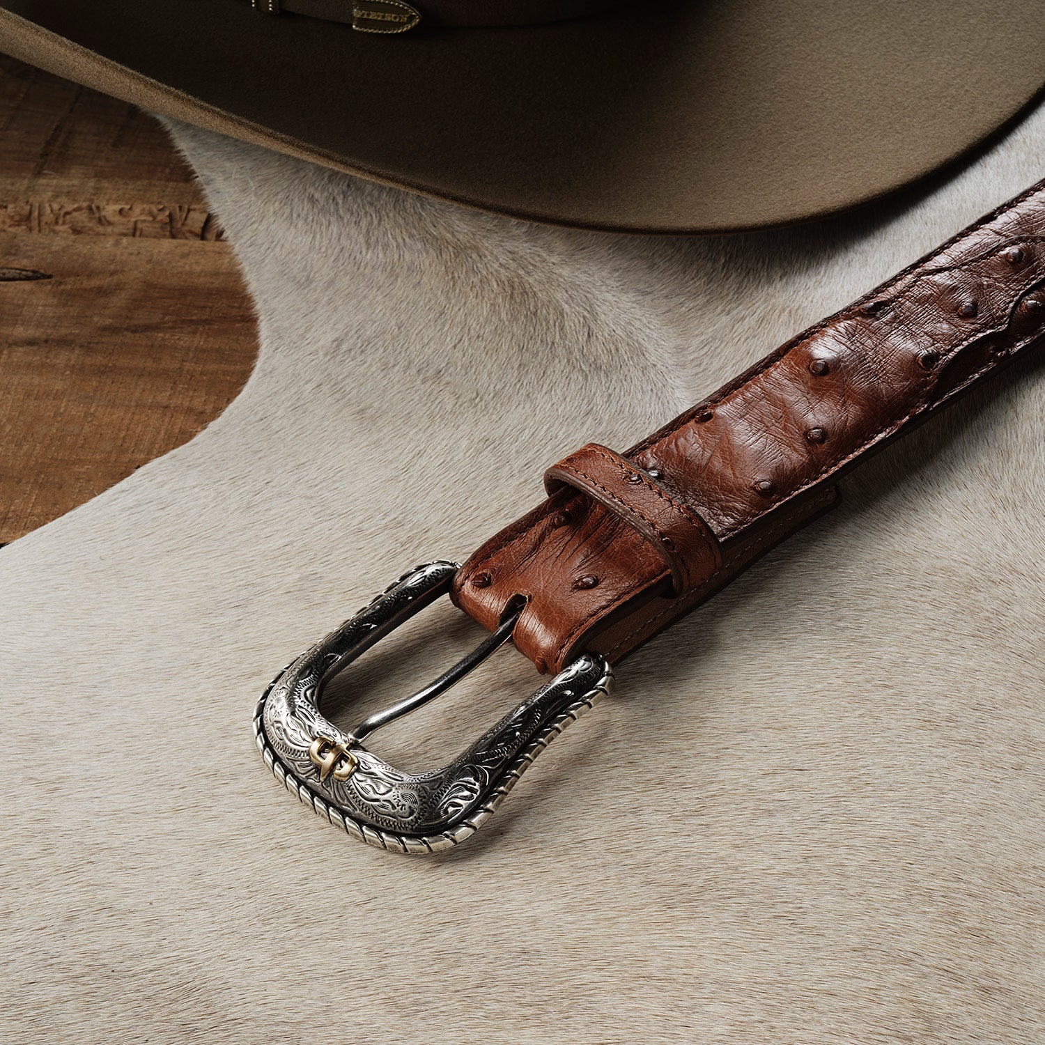 Ostrich Western Tab Belt Antique Cognac
