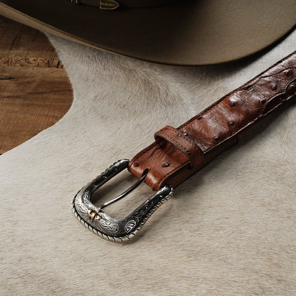Ostrich Western Tab Belt Antique Cognac