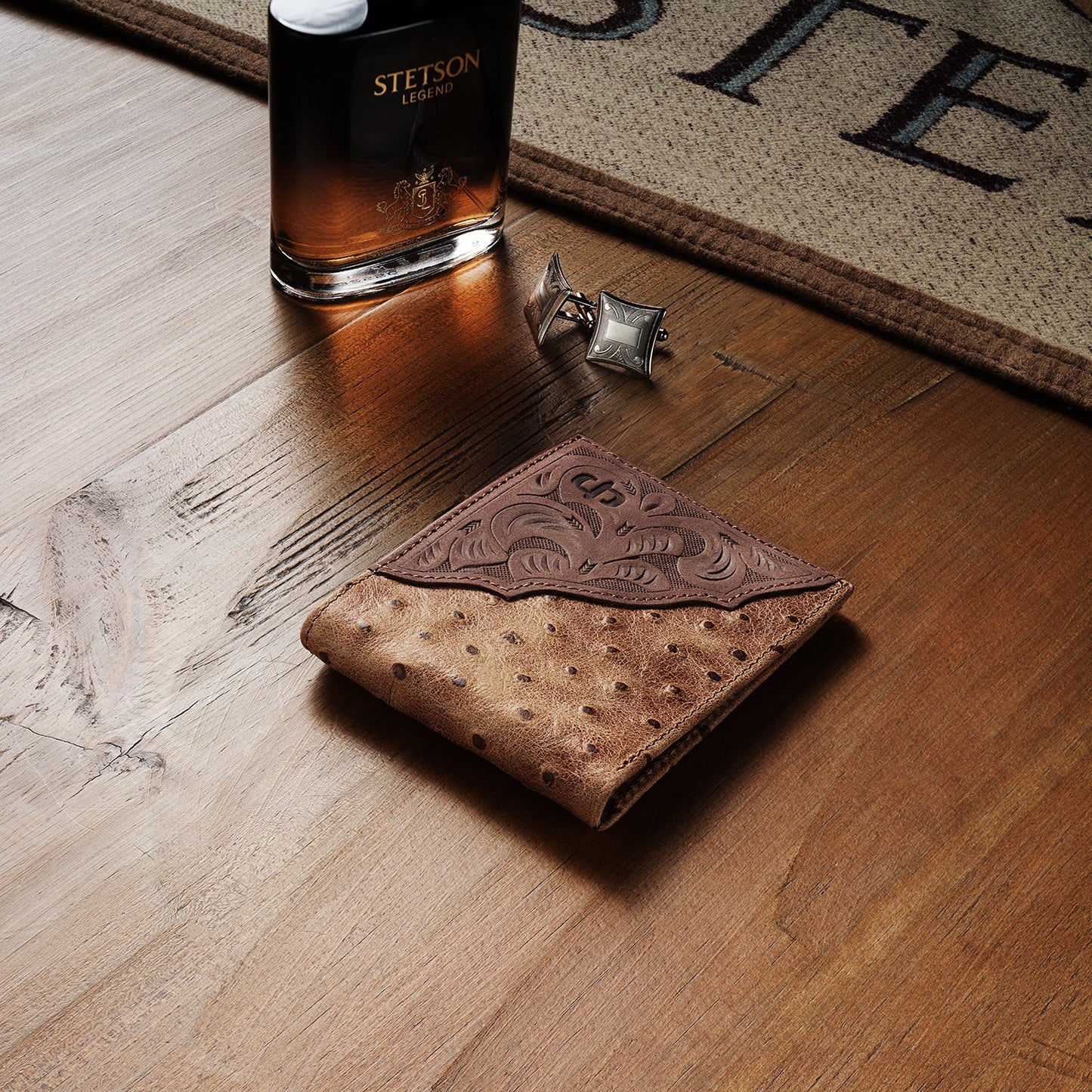 Tooled Embossed Ostrich Bi-Fold Wallet Brown / California Nut