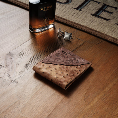 Tooled Embossed Ostrich Bi-Fold Wallet Brown / California Nut