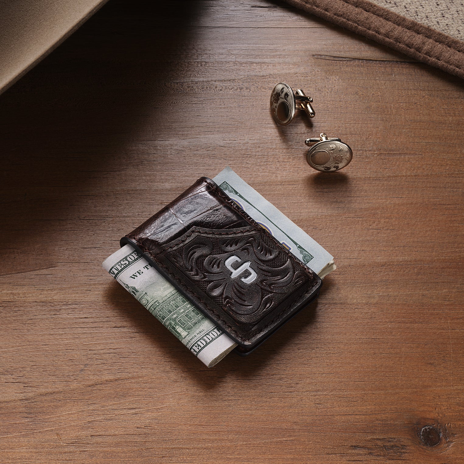 Tooled Embossed Croco Money Clip Brown