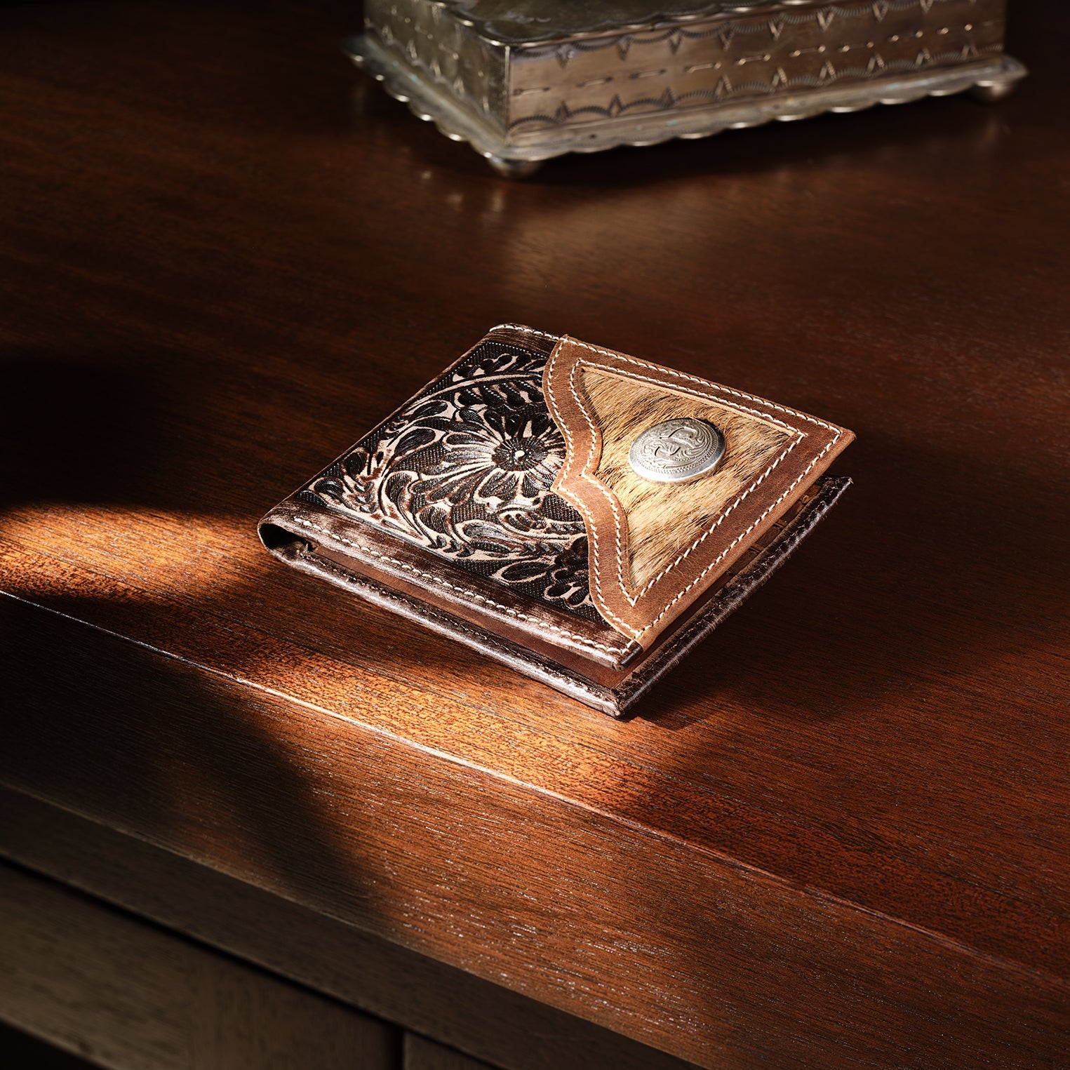 Hair-On-Hide Concho Bi-Fold Wallet Vintage Brown