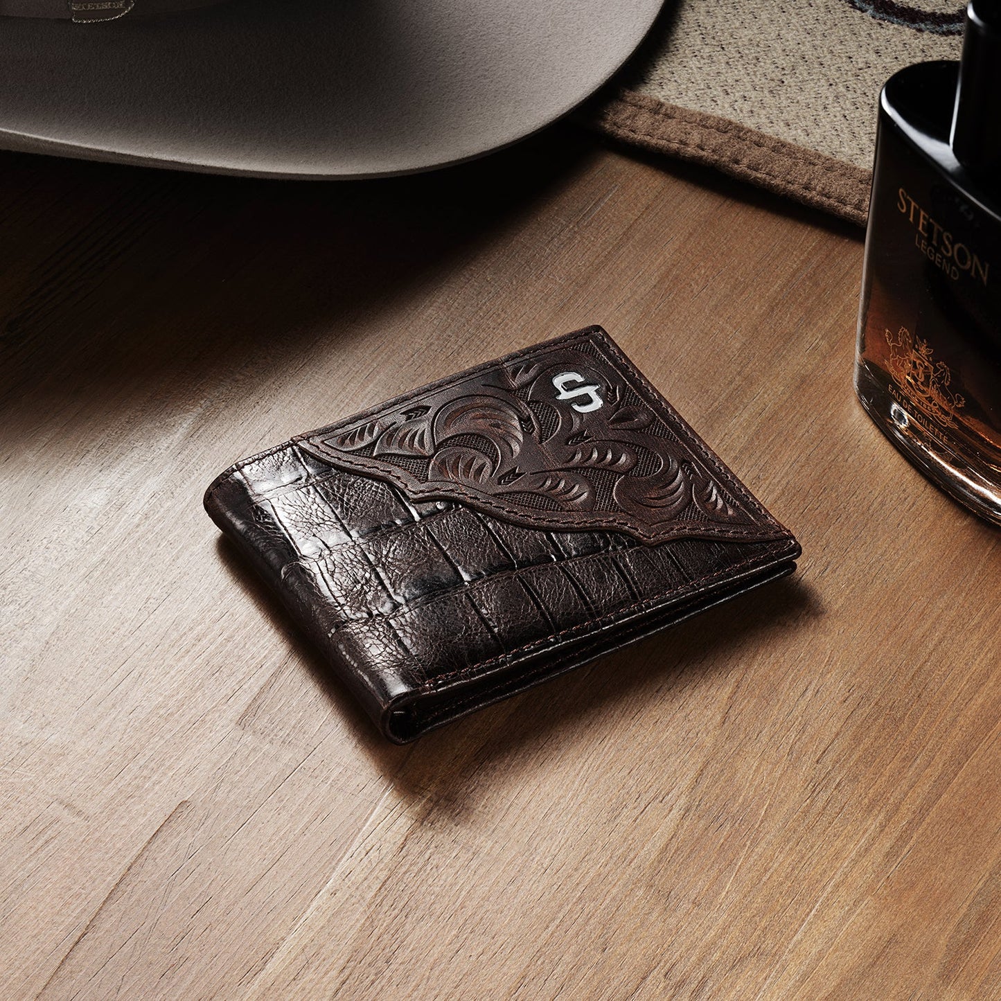 Tooled Embossed Croco Bi-Fold Wallet Brown