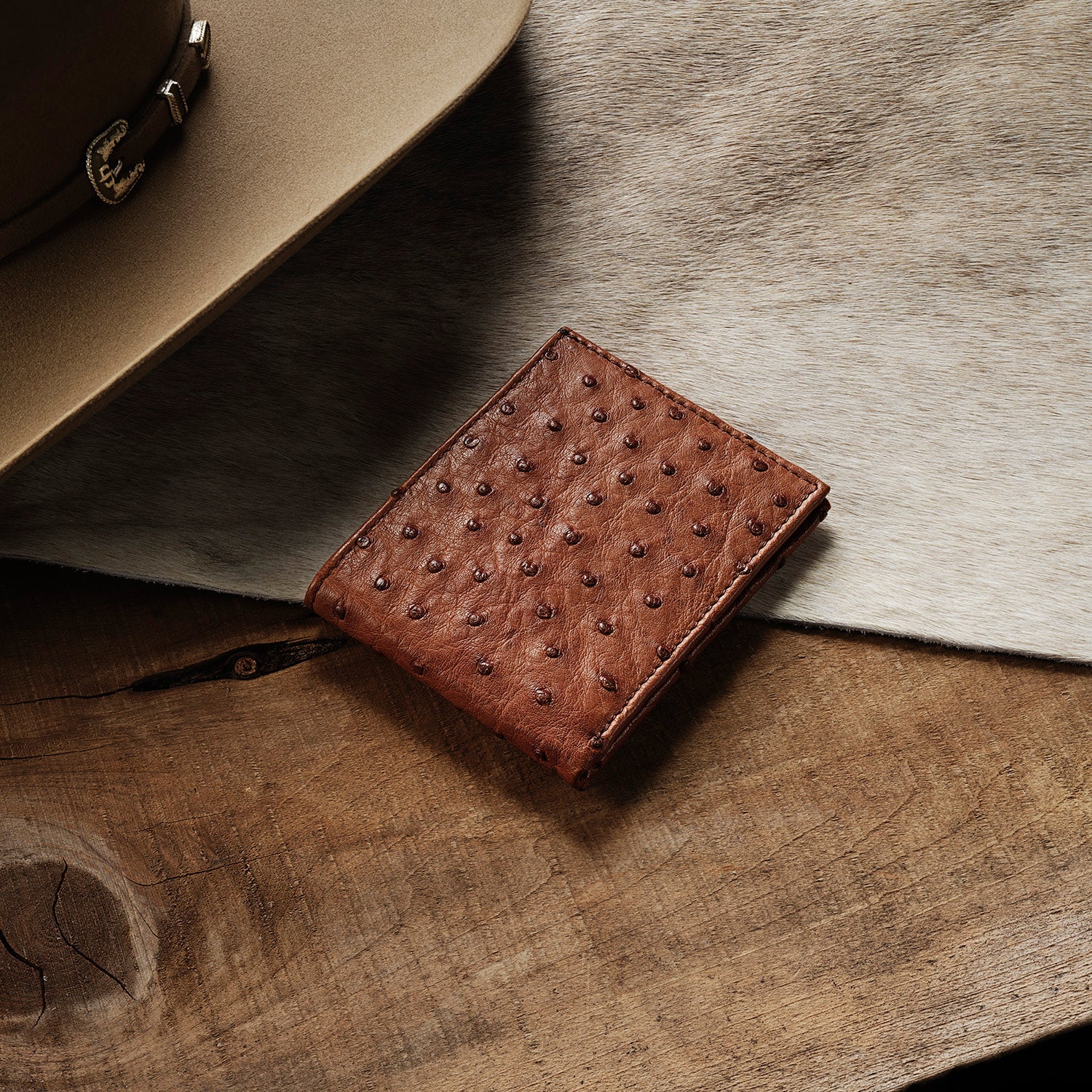 Ostrich Bi-Fold Wallet Antique Cognac