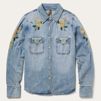 Embroidered Loose Fit Denim Shirt Blue