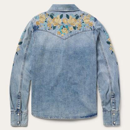 Embroidered Loose Fit Denim Shirt Blue