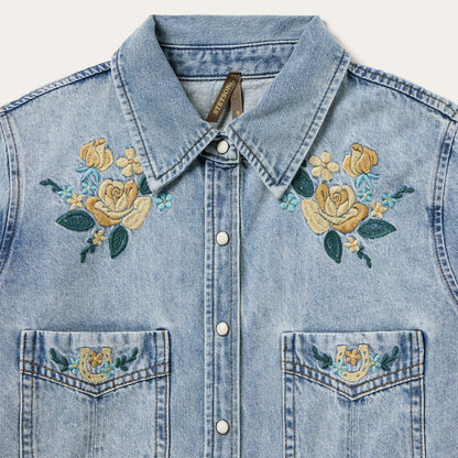 Embroidered Loose Fit Denim Shirt Blue