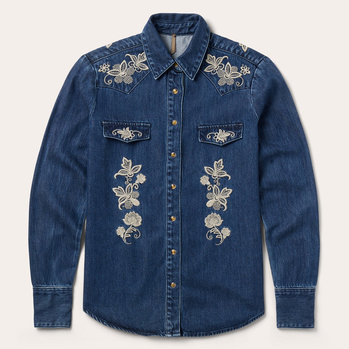 Floral Embroidered Dark Denim Shirt Blue