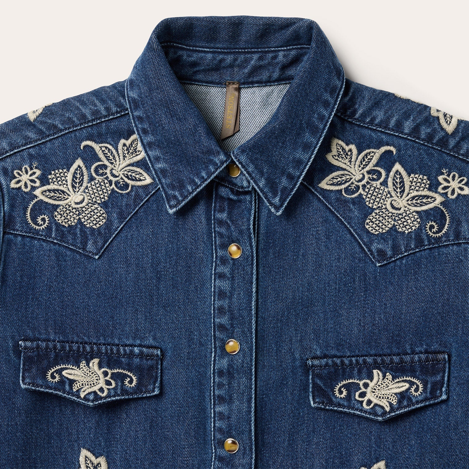 Floral Embroidered Dark Denim Shirt Blue
