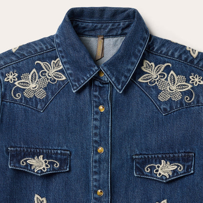 Floral Embroidered Dark Denim Shirt Blue