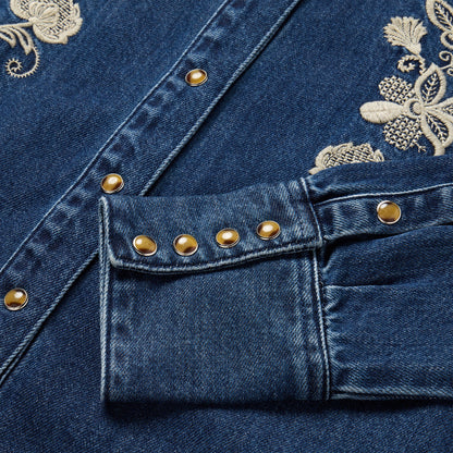 Floral Embroidered Dark Denim Shirt Blue