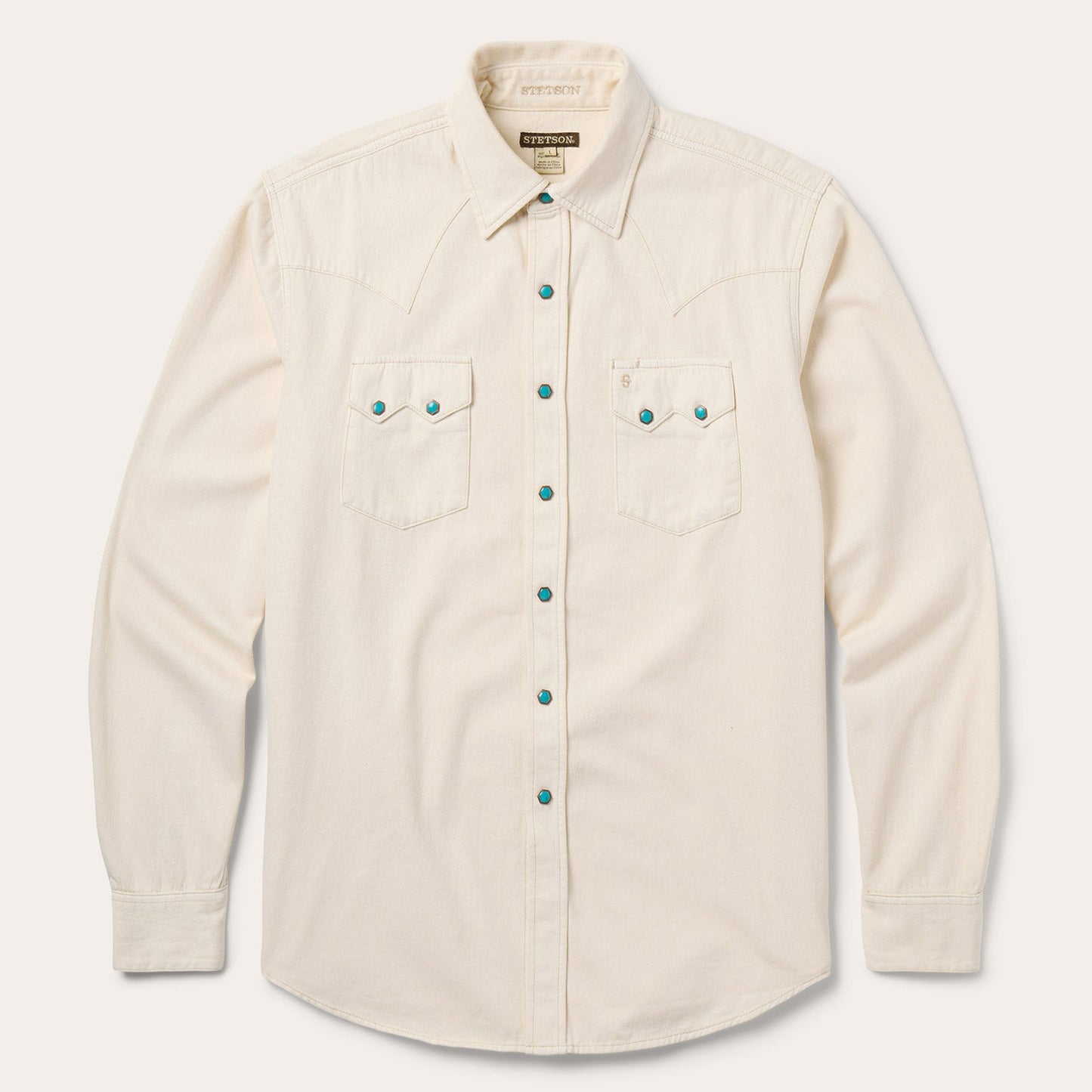 Turquoise Snap Western Denim Shirt Cream