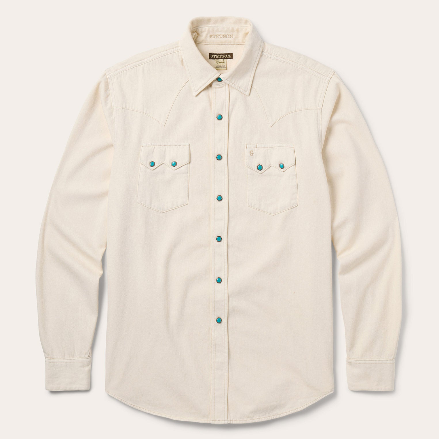 Turquoise Snap Western Denim Shirt Cream