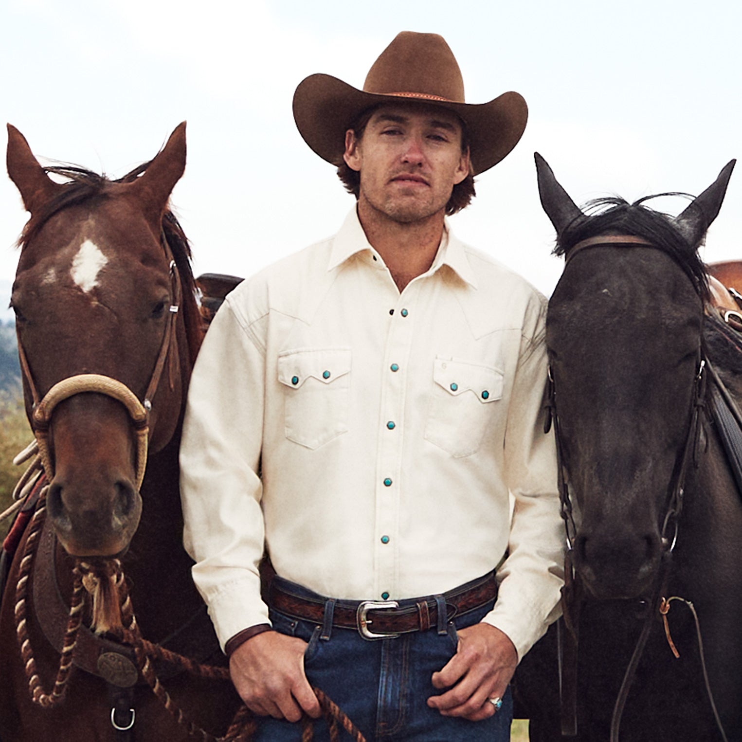 Turquoise Snap Western Denim Shirt Cream