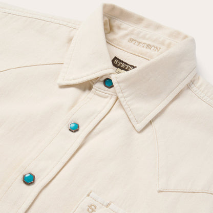 Turquoise Snap Western Denim Shirt Cream